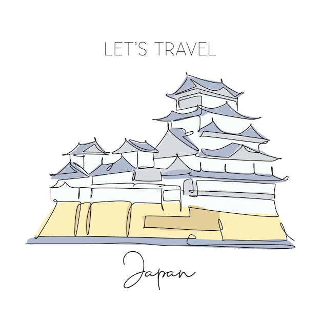 Vector un dibujo de línea continua del castillo de himeji, un punto de referencia del antiguo palacio oriental en himeji (japón)