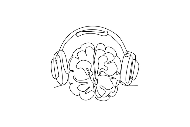 Un dibujo de línea continua del cerebro humano escuchando música usando un vector de icono del logotipo de auriculares con cable