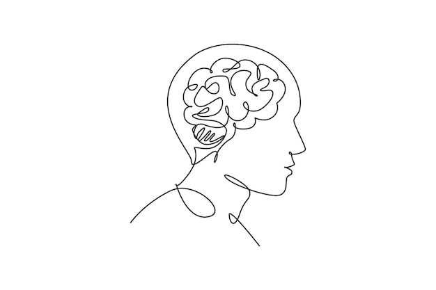 Un dibujo de línea continua del cerebro inteligente de la cabeza humana dentro del vector de diseño de iconos de logotipo de vista lateral