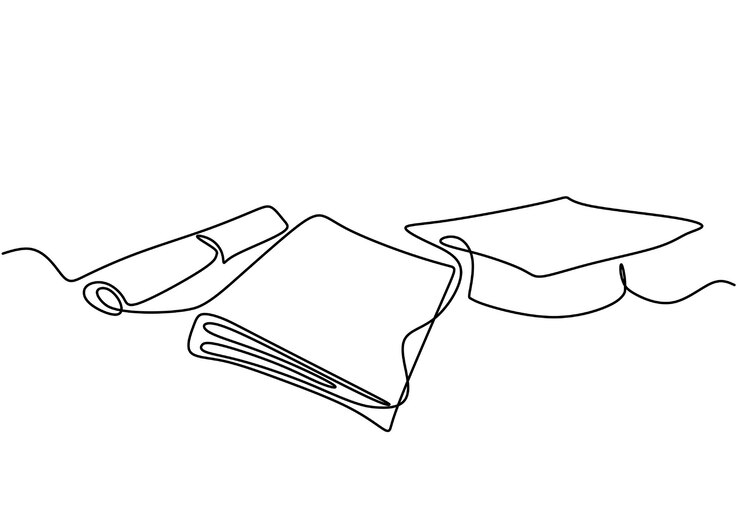 Un dibujo de línea continua de certificado de sombrero de graduación y rollo de papel de carta de graduación Concepto de plantilla de icono de elemento de equipo de sombrero de graduación académica aislado sobre fondo blanco
