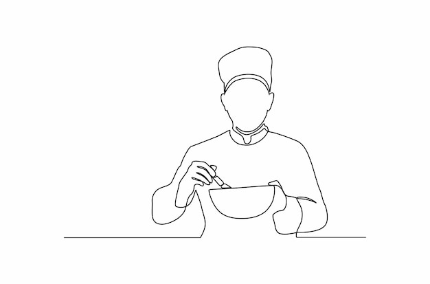 Dibujo de línea continua de chef haciendo masa en un tazón ilustración vectorial vector premium