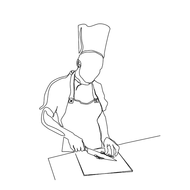 Dibujo de línea continua de chef rebanando con cuchillo chef cocinando lineart con trazo activo