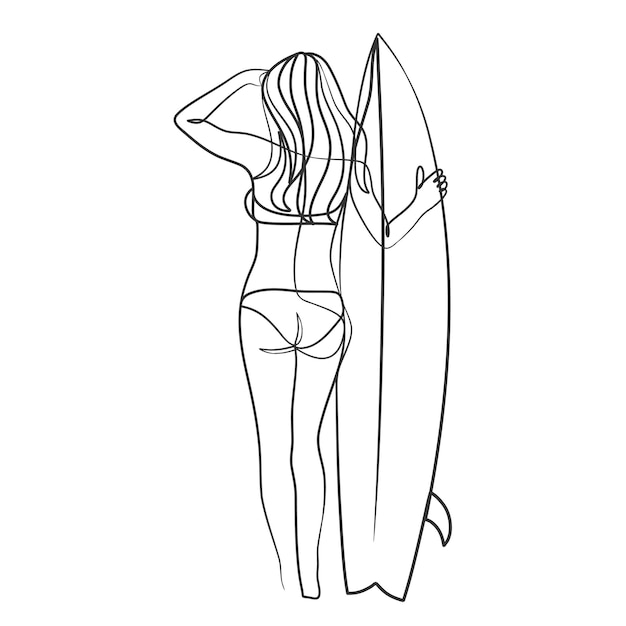 Dibujo de línea continua de una chica surfista con una tabla de surf dibujo de una línea continua de una chica surfista