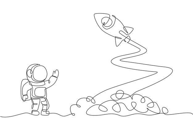 Un dibujo de línea continua de la ciencia de los astronautas en la luna agitando la mano para lanzar un vector de cohete