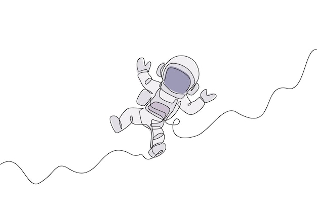 Un dibujo de línea continua de un científico astronauta explorando el espacio exterior en un vector de estilo retro