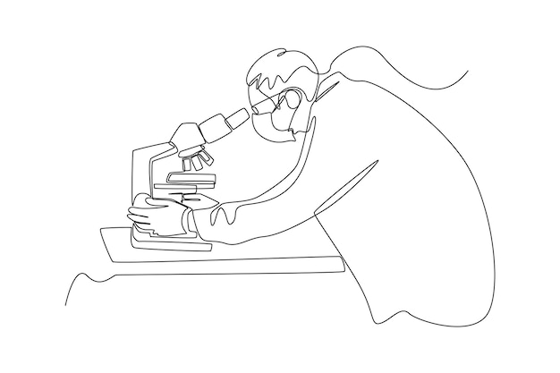 Un dibujo de línea continua del científico usa un microscopio para ver el progreso de los resultados de su investigación