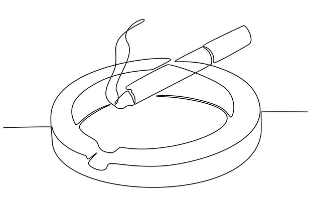 Dibujo de línea continua de cigarrillo en la ilustración de vector de cenicero