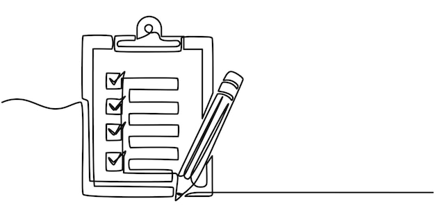 Un dibujo de línea continua del Clipboard con lista de comprobación y pluma Lista de tareas con garrapatas