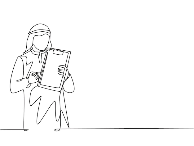 Un dibujo de línea continua de un comercializador de ventas musulmán que explica todas las características del nuevo producto gadget