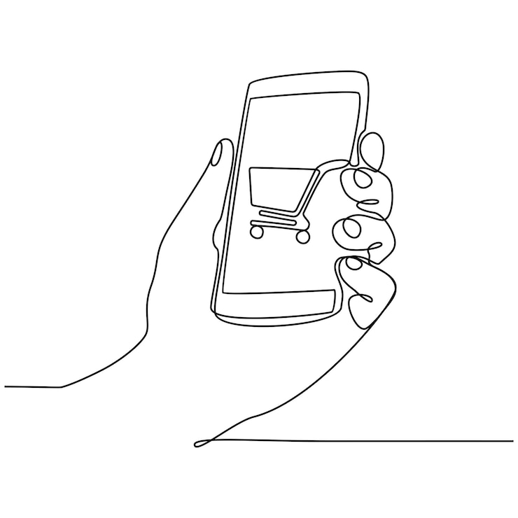 Vector dibujo de línea continua de compras en línea de teléfonos móviles
