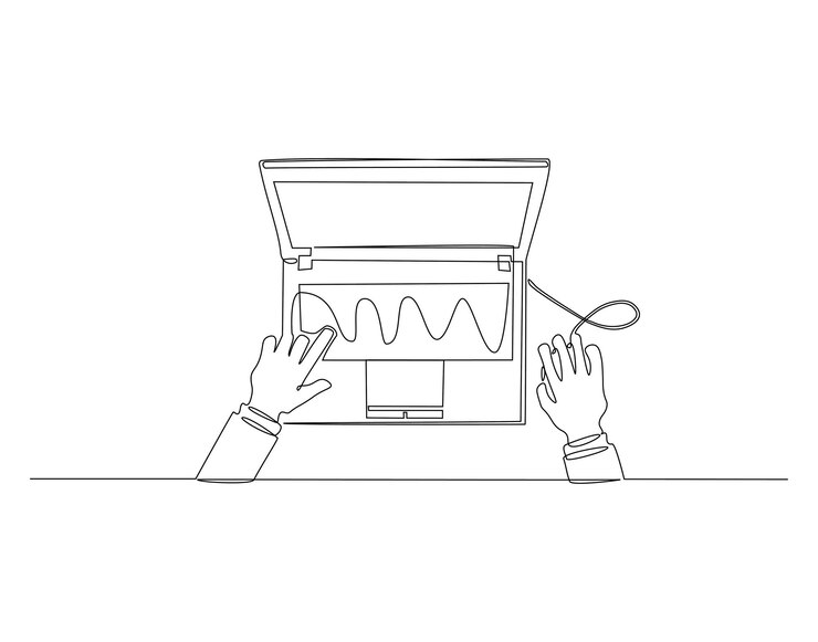 Vector dibujo de línea continua de computadora portátil una línea de portátil gadget portátil arte de línea continua edit