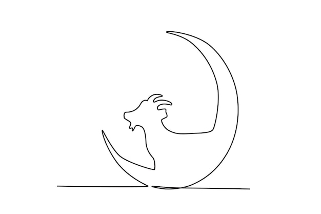 Un dibujo de línea continua del concepto de cabra sobre la luna eid al adha