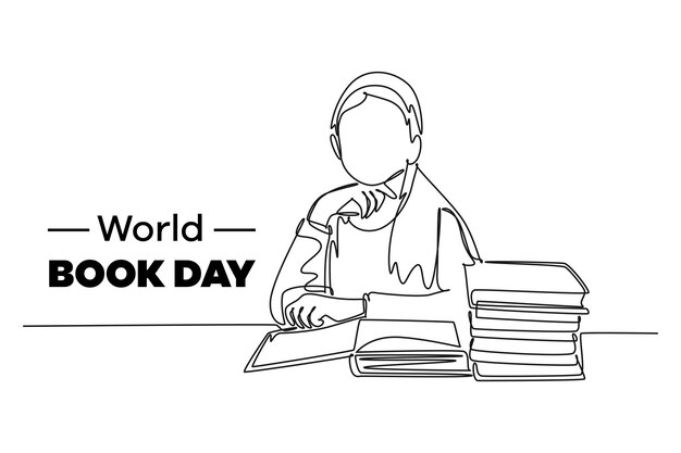 Un dibujo de línea continua del concepto del día mundial del libro Ilustración vectorial de Doodle