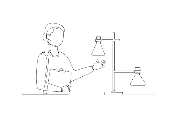 Un dibujo de línea continua del concepto de equipo de laboratorio de química y física ilustración vectorial Doodle en estilo lineal simple