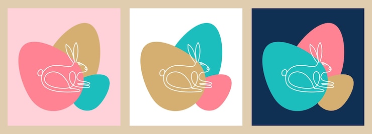 Vector un dibujo de línea continua de un conejito acostado sobre un fondo de coloridos huevos de pascua