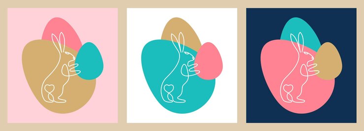 Vector un dibujo de línea continua de un conejo de pie sobre un fondo de coloridos huevos de pascua