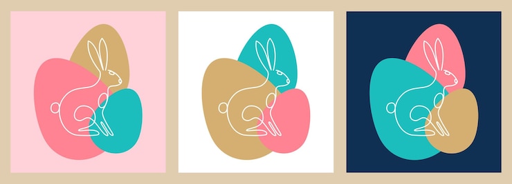Vector un dibujo de línea continua de un conejo sentado sobre un fondo de coloridos huevos de pascua