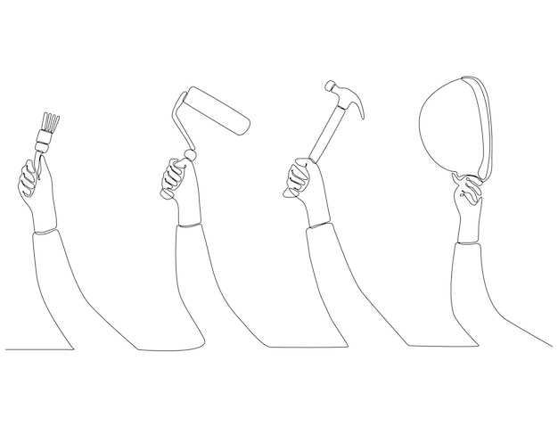 dibujo de línea continua Conjunto de manos masculinas que sostienen el vector de equipo de construcción premium
