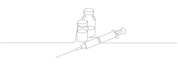 Un dibujo de línea continua del conjunto de medicamentos con jeringa y vial Componentes farmacéuticos y símbolo de vacuna en un estilo lineal simple Ilustración de vector de contorno de Doodle de trazo editable