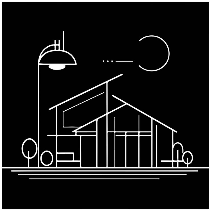 dibujo de línea continua de la construcción del símbolo del logotipo de la casa Línea blanca sobre fondo negro