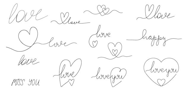 Dibujo de línea continua de corazón y letras de amor Valentine39s día concepto de día de la boda dibujado a mano