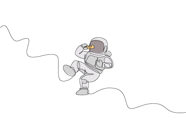 Un dibujo de línea continua de un cosmonauta comiendo una barra de chocolate con leche dulce en un vector del universo galáctico