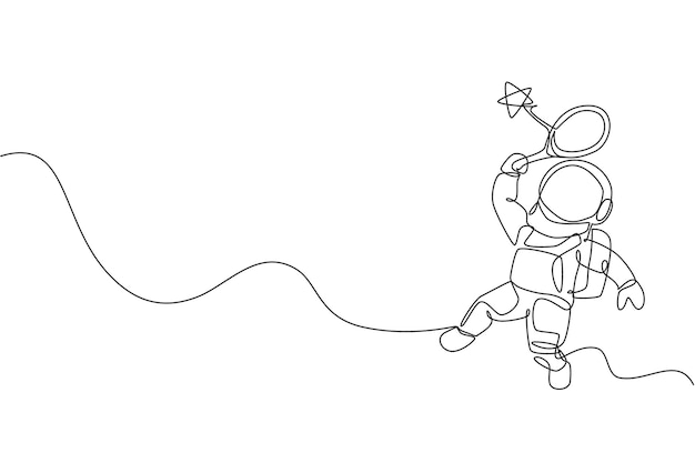 Un dibujo de línea continua de un cosmonauta explorando el espacio. Astronauta golpeando una estrella con un vector de raqueta.