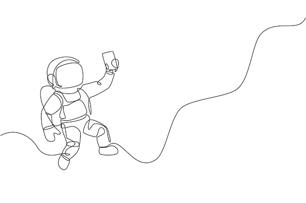 Un dibujo de línea continua de un cosmonauta explorando el espacio. Autofoto de astronauta usando un vector de teléfono inteligente.