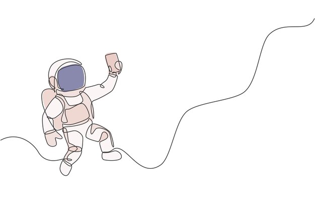 Un dibujo de línea continua de un cosmonauta explorando el espacio. Autofoto de astronauta usando un vector de teléfono inteligente.