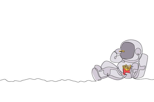 Un dibujo de línea continua de un cosmonauta relajándose en la luna comiendo papas fritas Espacio de fantasía