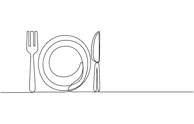 Un dibujo de línea continua de cuchillo de tenedor y vista superior del plato Dibujo de línea única de herramientas de alimentos