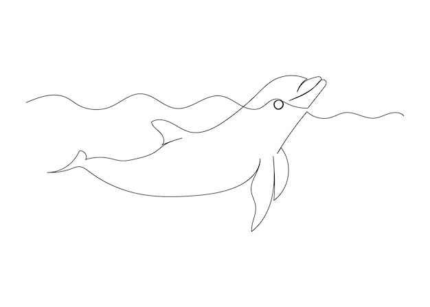 Dibujo de línea continua de delfines con el arte minimalista del océano.