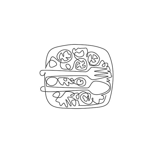 Un dibujo de línea continua del delicioso logotipo del restaurante de ensaladas desde una vista superior Orgánico saludable