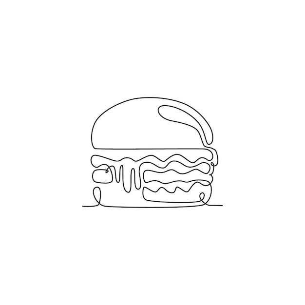 Un dibujo de línea continua de un delicioso logotipo de restaurante de hamburguesas americano, emblema de una cafetería de comida rápida