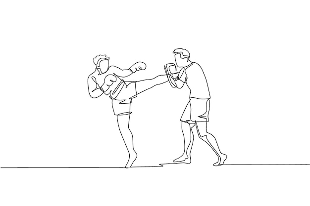 Un dibujo de línea continua de un deportista kickboxer con un entrenador personal que sostiene un saco de boxeo