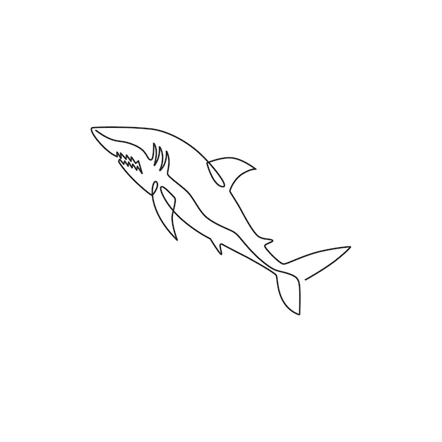 Un dibujo de línea continua del depredador de peces marinos de tiburón para la identidad del logotipo del acuario de vida submarina