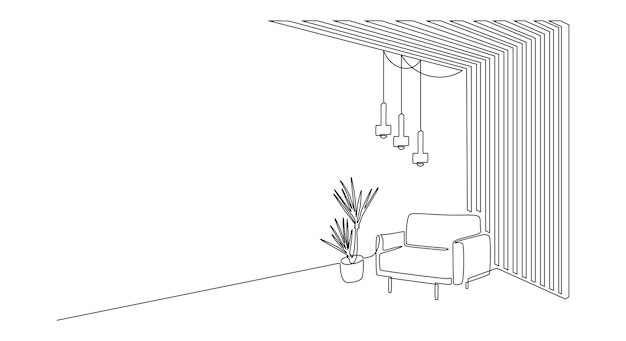 Un dibujo de línea continua de diseño interior con sillón y paredes de pizarra de madera Decoración escandinava Hygge y silla de muebles suaves en estilo lineal simple Ilustración vectorial de trazo editable Doodle