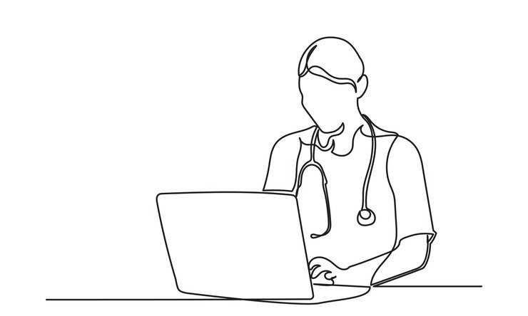 Vector dibujo de línea continua de una doctora chequeando el historial médico del paciente en una computadora portátil