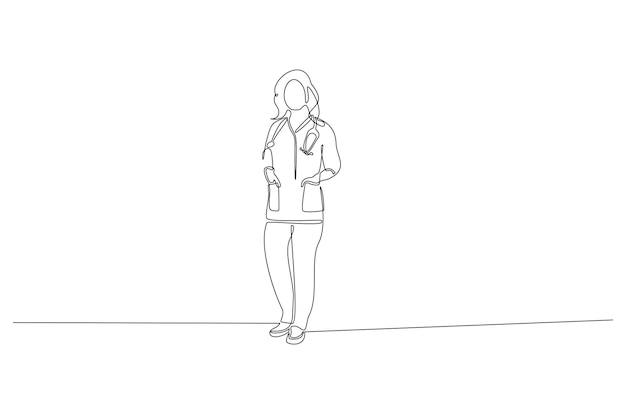 Dibujo de línea continua de una doctora en la ilustración de vector de traje de trabajo Vector Premium