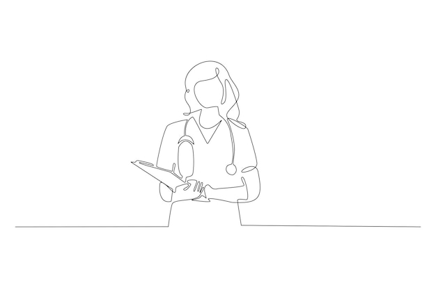 Dibujo de línea continua de una doctora en la ilustración de vector de traje de trabajo vector premium