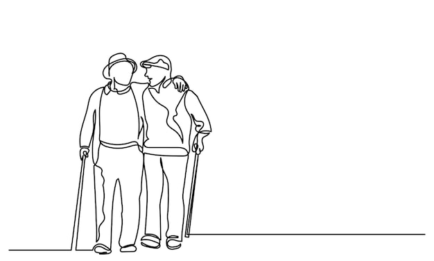 Dibujo de línea continua de dos amigos mayores caminando y hablando entre sí con el bastón