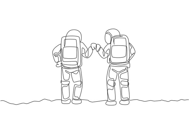 Un dibujo de línea continua de dos astronautas dando un gesto de golpe de puño en la vista trasera de la superficie lunar