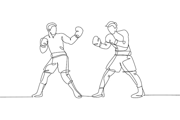 Un dibujo de línea continua de dos hombres ágiles boxeador provocar a su rival en un partido de boxeo Vector de diseño