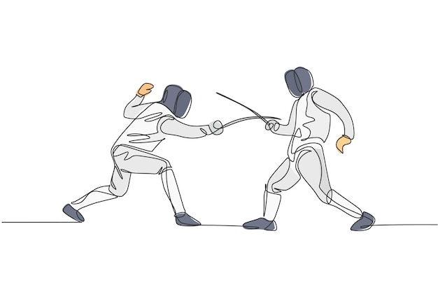 Un dibujo de línea continua de dos hombres practicando atletas de esgrima peleando en un campo deportivo profesional