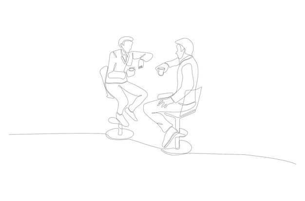 Dibujo de línea continua de dos hombres sentados en una ilustración vectorial que habla casualmente Vector Premium