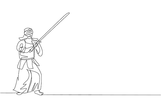 Un dibujo de línea continua de dos jóvenes deportistas que luchan contra el kendo para mejorar sus habilidades en el dojo