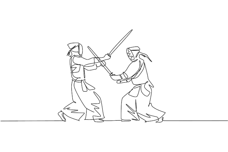 Vector un dibujo de línea continua de dos jóvenes deportistas que luchan contra el kendo para mejorar sus habilidades en el dojo