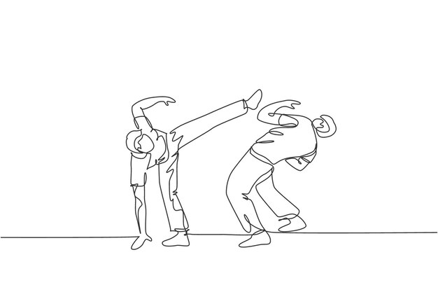 Un dibujo de línea continua de dos jóvenes practican la danza capoeira brasileña en un vector callejero