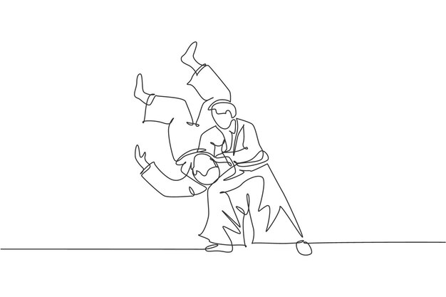 Un dibujo de línea continua de dos jóvenes varones aikido técnica de golpe de tren Deporte de arte marcial