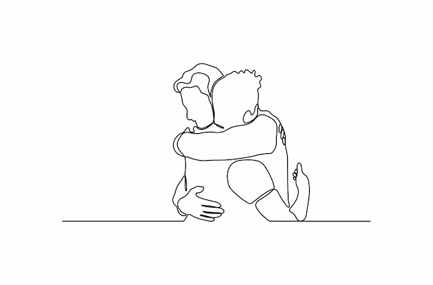 Dibujo de línea continua de dos personas abrazándose una pareja abrazándose Vector Premium